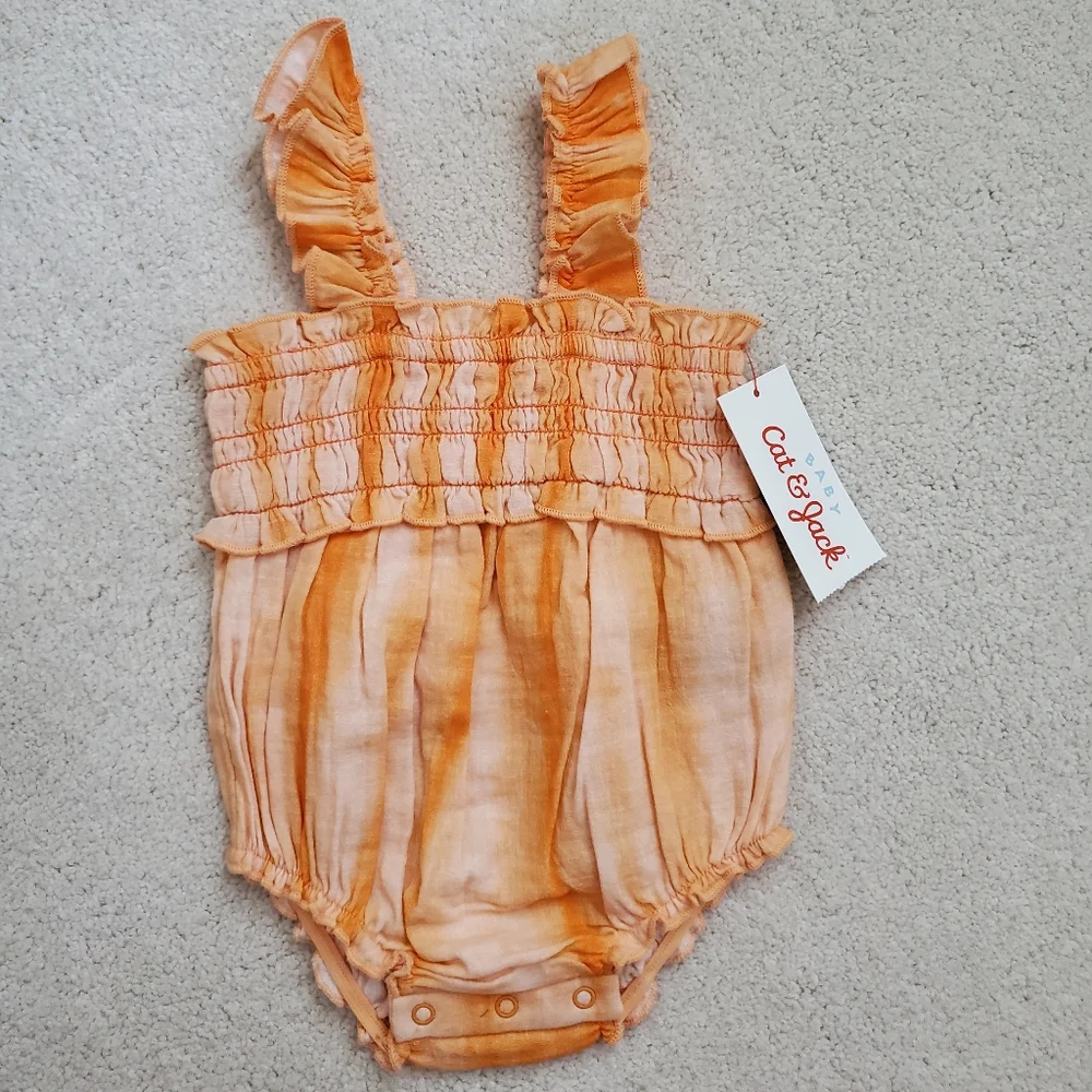 NWT Cat & Jack Baby Girls' Tie-dye Orange Smocked Gauze Jumpsuit Romper sz0-3m